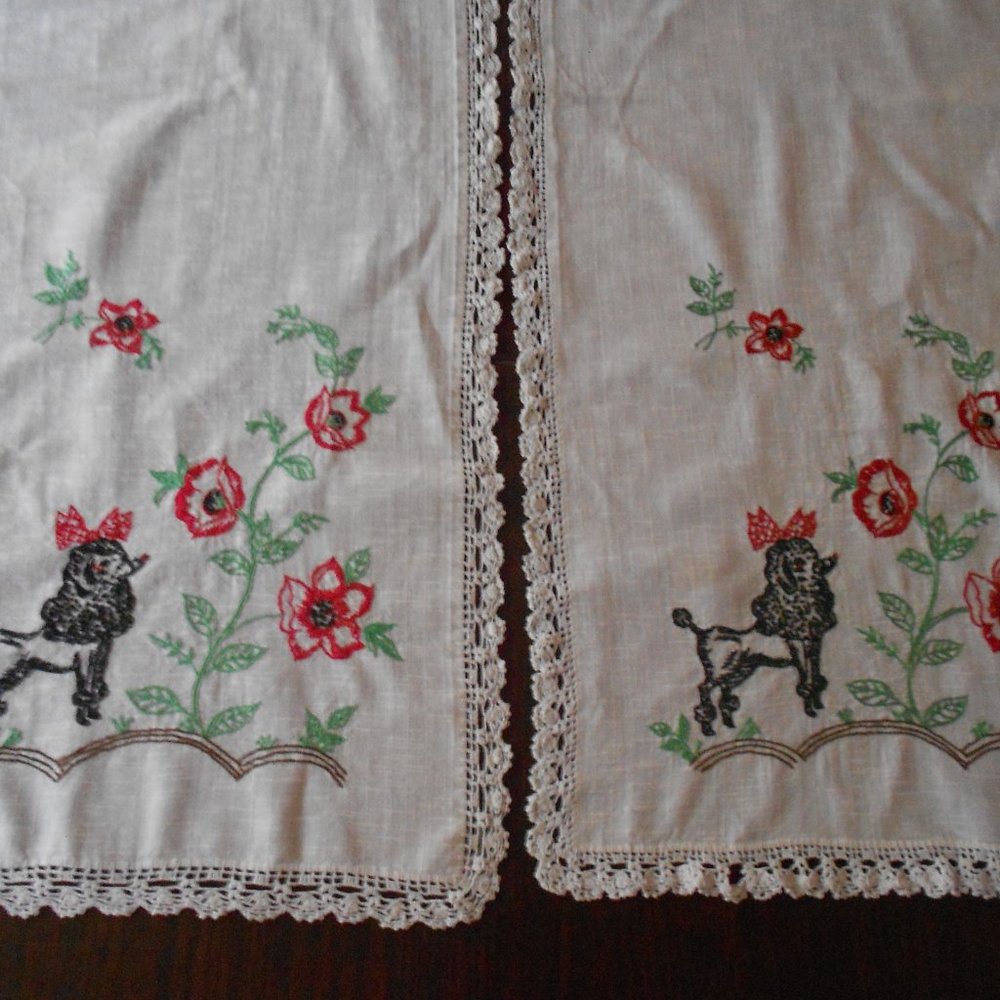 Pair Vintage Poodle Table Runners Tea Towels Hand Embroidered Retro Kitsch
